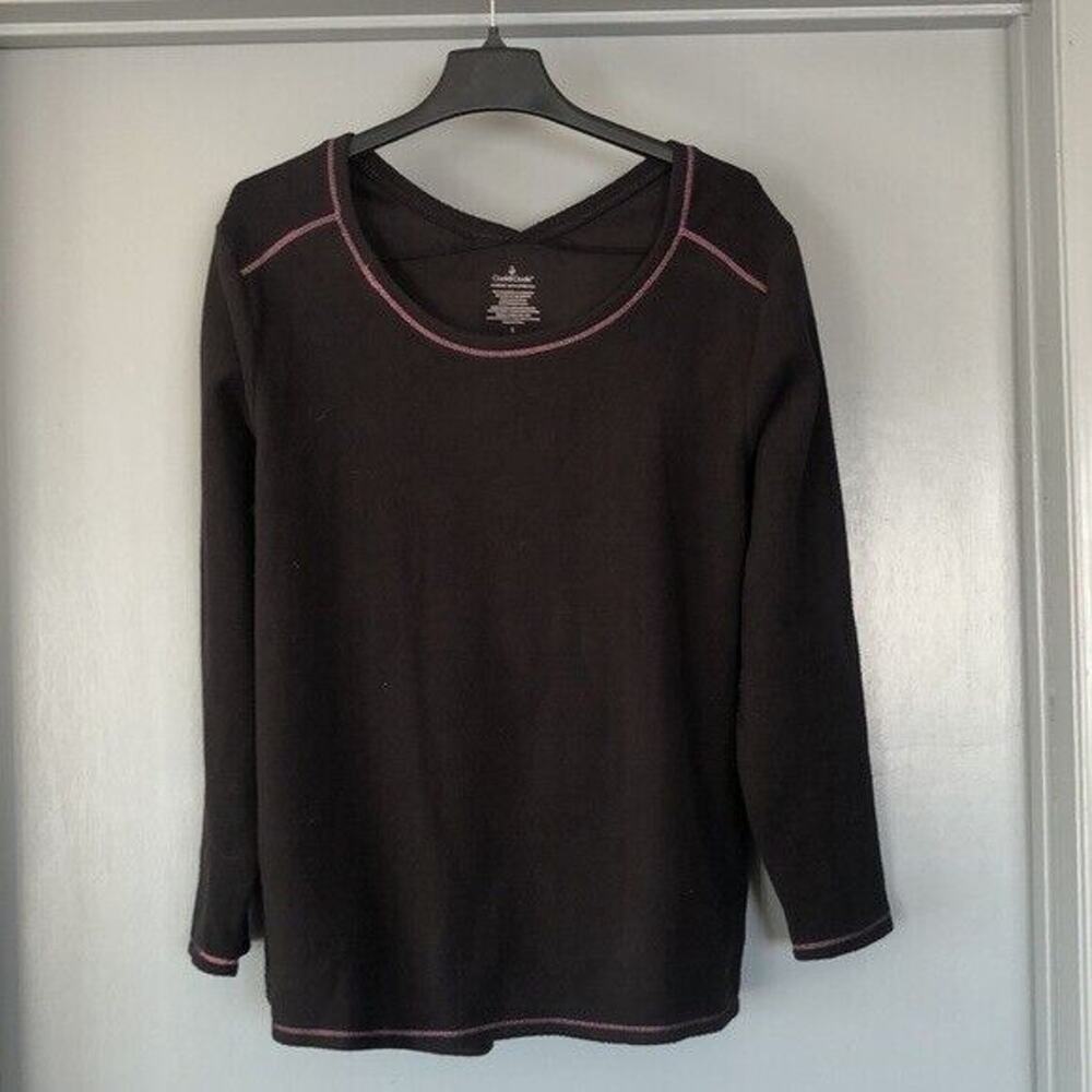 Cuddl Duds Black Stretch Fleece Long Sleeve Scoop neck V back purple topstitch L